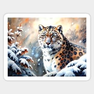 A Proud Snow Leopard Went Hunting, in the Snowy forest, Hight Mountains, Snow Falling, Winter Landscape, Wildlife White Panthera, Watercolor Magnet